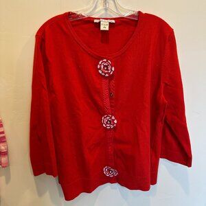VINTAGE Peter Nygard Red Cardigan Jacket Floral Buttons Size XL